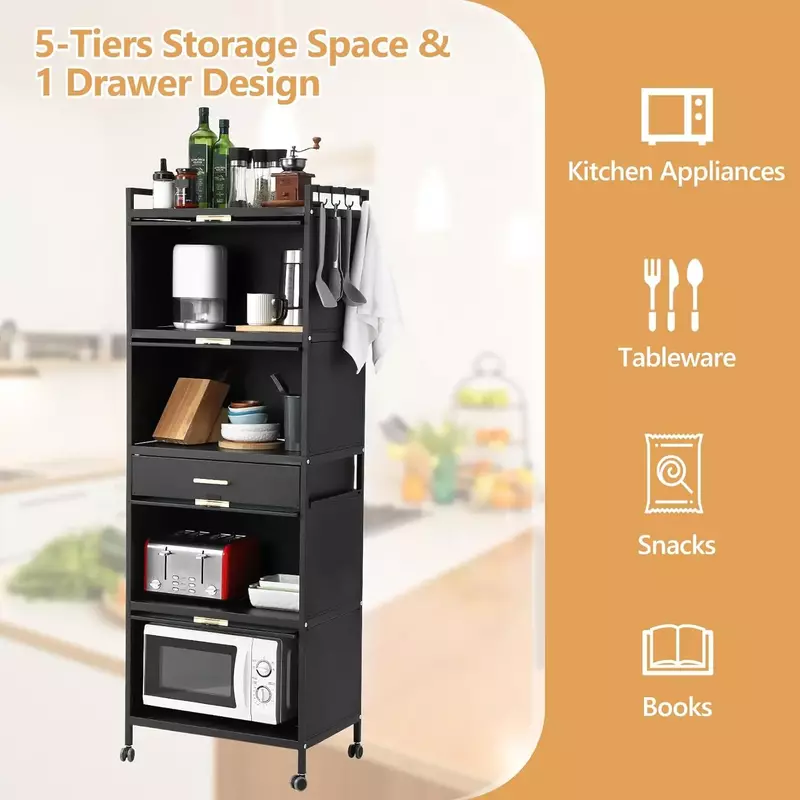5 Tiers Freestanding Buffet Cupboards Sideboard with Brakeable Casters,Kitchen Pantry Storage Cabinet and Dinning Room