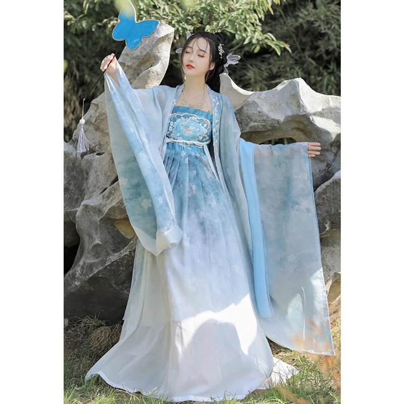 Han Dynatsy Hanfu 여성용 중국 전통 블루 원피스, 소녀용 공주 모던 큰 소매 기모노 케이프 자수 상의 스커트