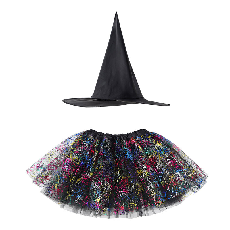 Kids Girl Witch Costume Spider Web Pattern Print Tutu Skirt and Witch Hat for Children Halloween Carnival Cosplay Kid Gift
