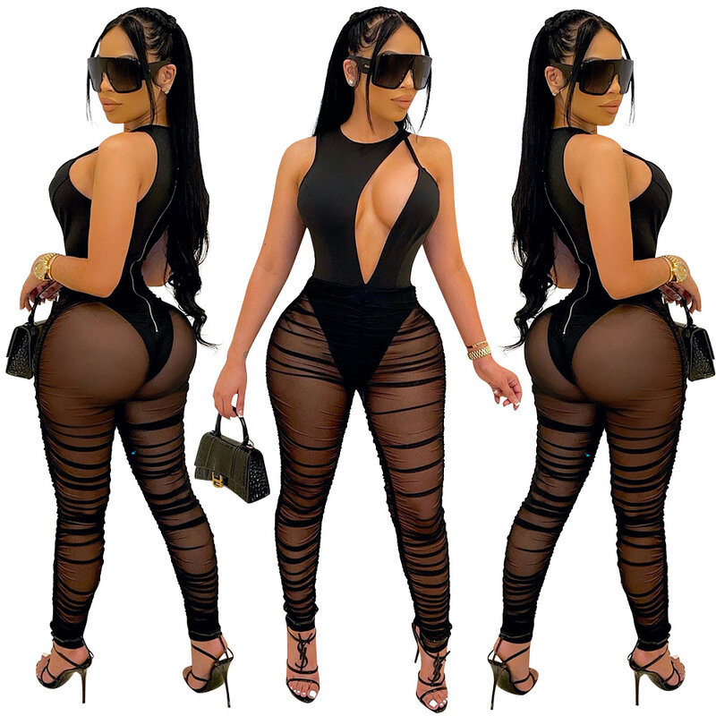 BKLD Summer One Pieces Outfits Women Clothing Fashion Sexy Mesh Perspective Pleated Sleeveless Hollow Out Irregular Jumpsuit