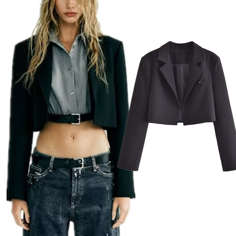 Dave&Di Autumn British Fashion High Street Girls Black  Short Suit Jacket Simple Casual Blazers Women Tops