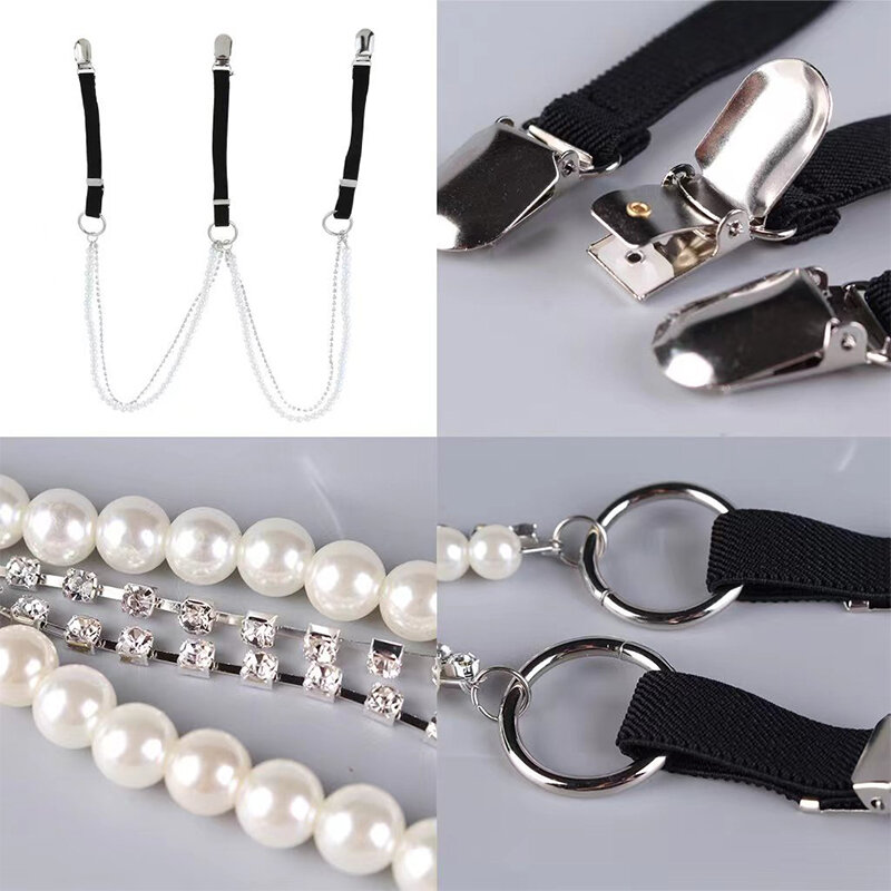 Pearl Chain Suspenders Belts For Women Rhinestone Strap Shirt Decoration Duck-Mouth Clip Outwear Accessories