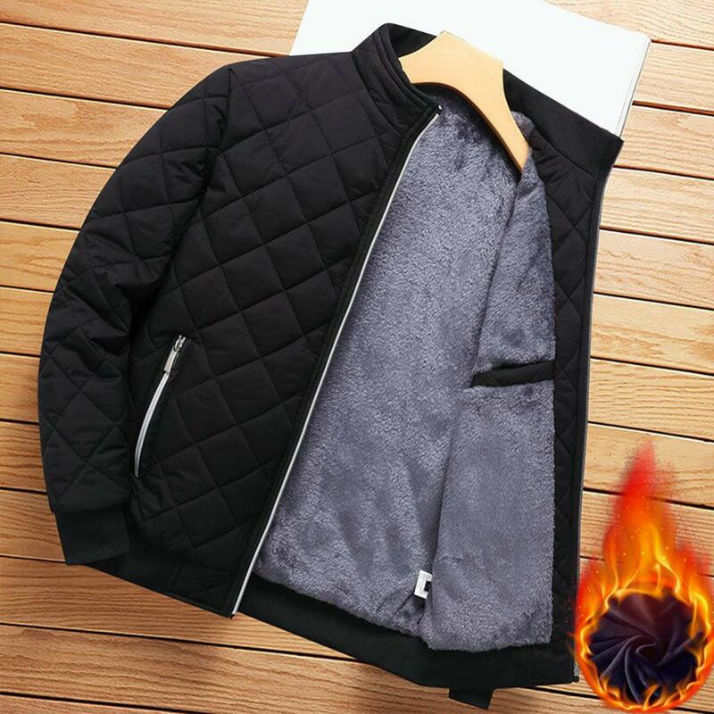 Solid Color Men Coat Comfortable Men Coat Winter Jacket for Men Stylish Plaid Texture Warm Fleece Lining Pockets Ideal Outwear