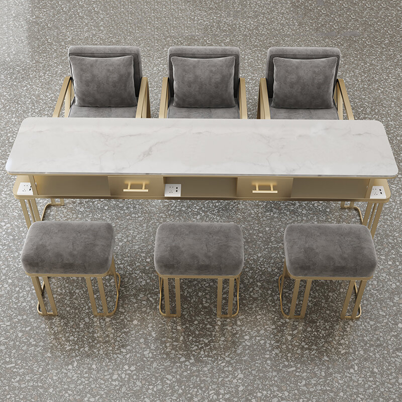 Mesa de unhas estética moderna, Conjunto de móveis nórdicos, Mesa de unhas dourada, Design de arte, Organizador branco