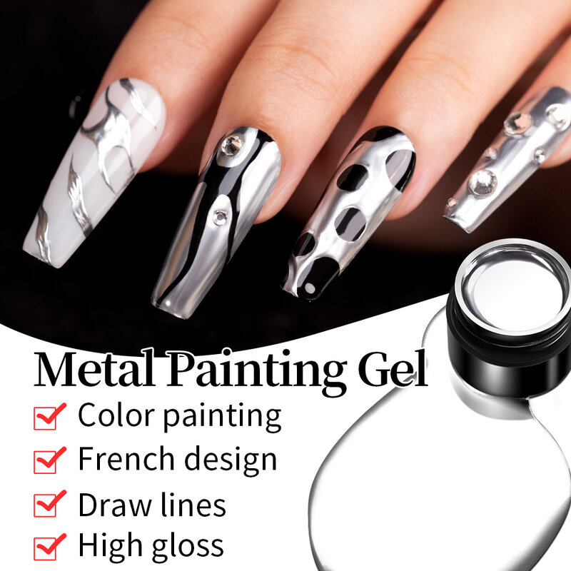 BOZLIN 5ML Metallic Painting Gel Polish Super Bright Silver Mirror Nail Polish Semi Permanent Lines French Nail Art Gel