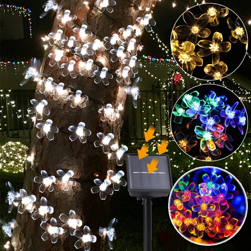 ไฟสายประดับไฟ LED รูปดอกซากุระดอกไม้ประดิษฐ์ใช้พลังงานแสงอาทิตย์ใช้แบตเตอรี่ของตกแต่งงานปาร์ตี้คริสต์มาสสวนหลังบ้าน