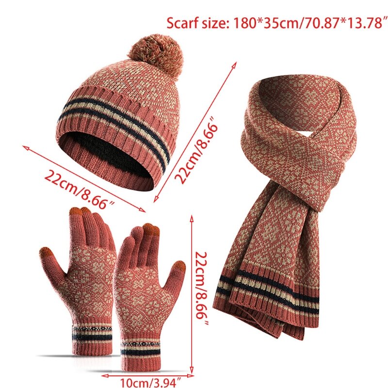 Nuovo stile unisex inverno 3 pezzi berretto con pompon sciarpa lunga per guanti set geometrico floreale jacquard in