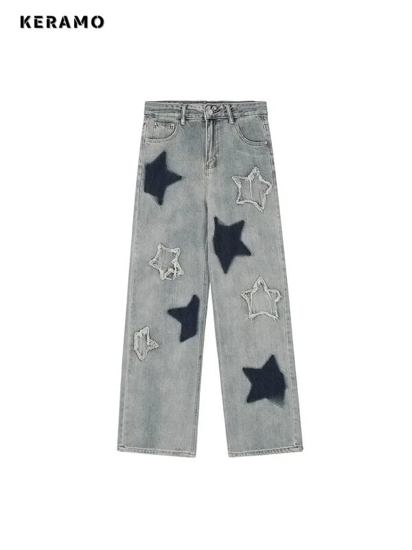 Women's Star Patch Design Jeans American Vintage Embroidery Casual Denim Trousers Female High Waisted Loose Straight Pants