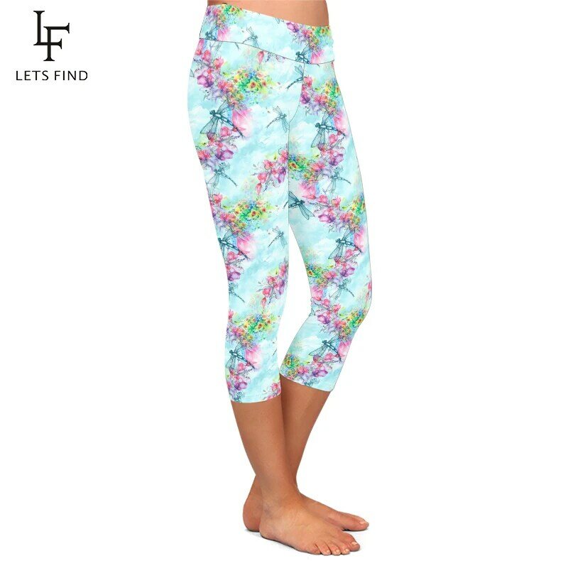 LETSFIND Women Leggings Dragonflies and Flowers Pattern Milk Silk Print Mid-Calf Pants High Waist Fitness Leggings