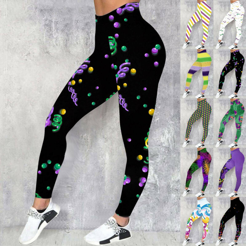 Фиолетовые Леггинсы с принтом Марди Гра, штаны для йоги, спортивные джеггинсы для фитнеса, женские бесшовные леггинсы, тренировочные колготки