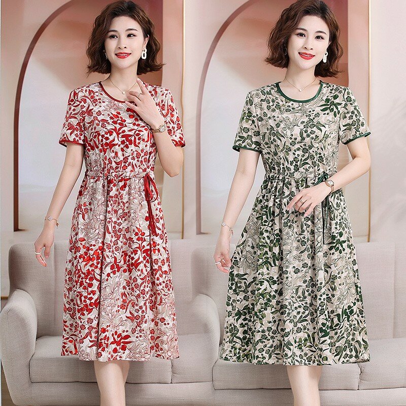 Dresses Women 2024 New Summer Elegant Floral Print Drawstring Maxi Dress Casual Loose Mommy Clothes Robe Femme