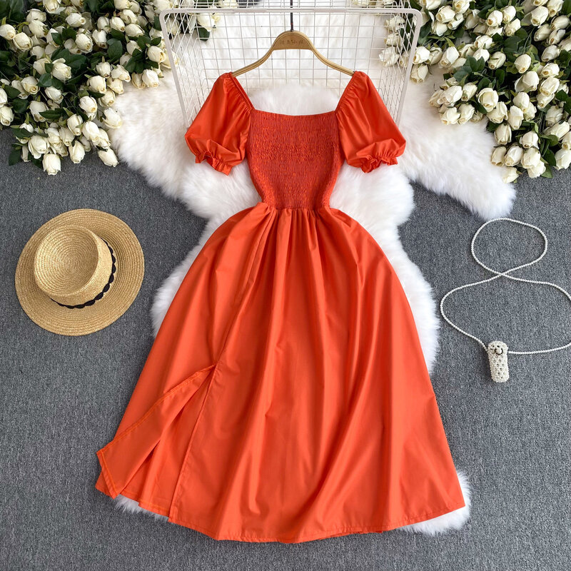 Vintage Elegant Square Neck Short Sleeve Pleated Split Dress A-line Fashion Chiffon Spring Autumn Vestidos Women Dresses