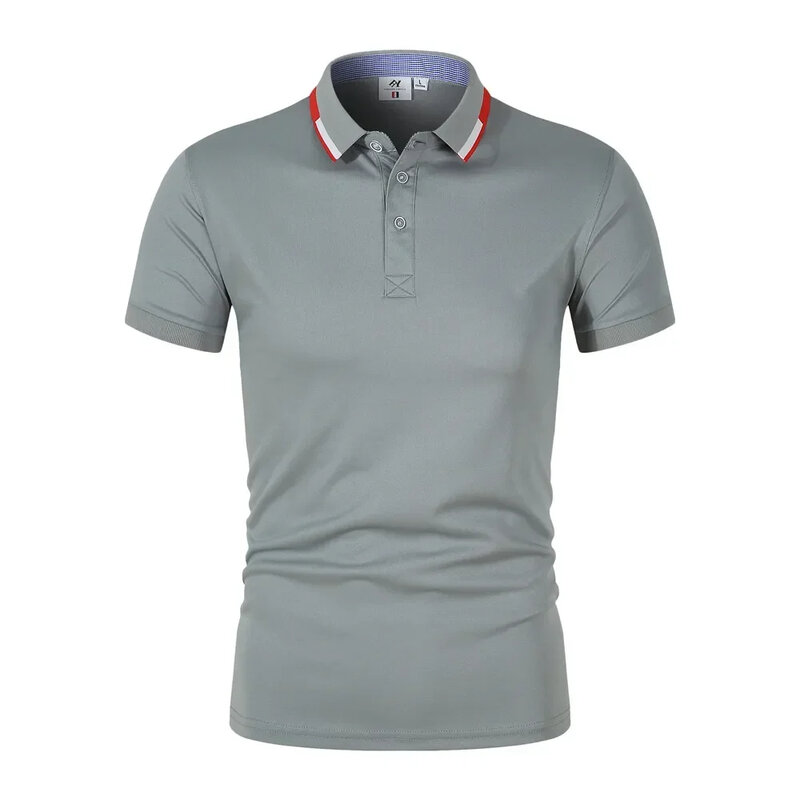 Camiseta de malha de manga curta masculina, com gola e punho, cores combinando, respirável, moda high-end, casual, verão
