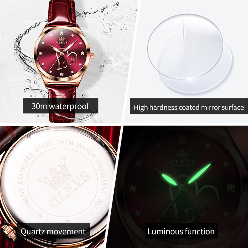 OLEVS-Reloj de pulsera de cuarzo para mujer, accesorio de lujo, correa de cuero ultrafina, resistente al agua, luminoso, exquisito