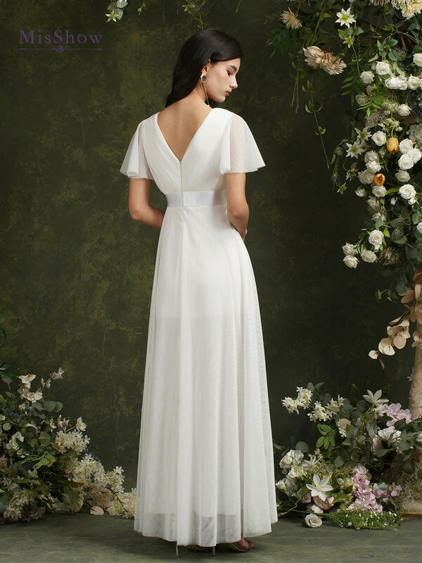 Vestidos de casamento simples marfim feminino, puffer em linha A, manga curta, gola em v, plissado, tule, costas abertas, vestidos de noiva com cinto, 2022