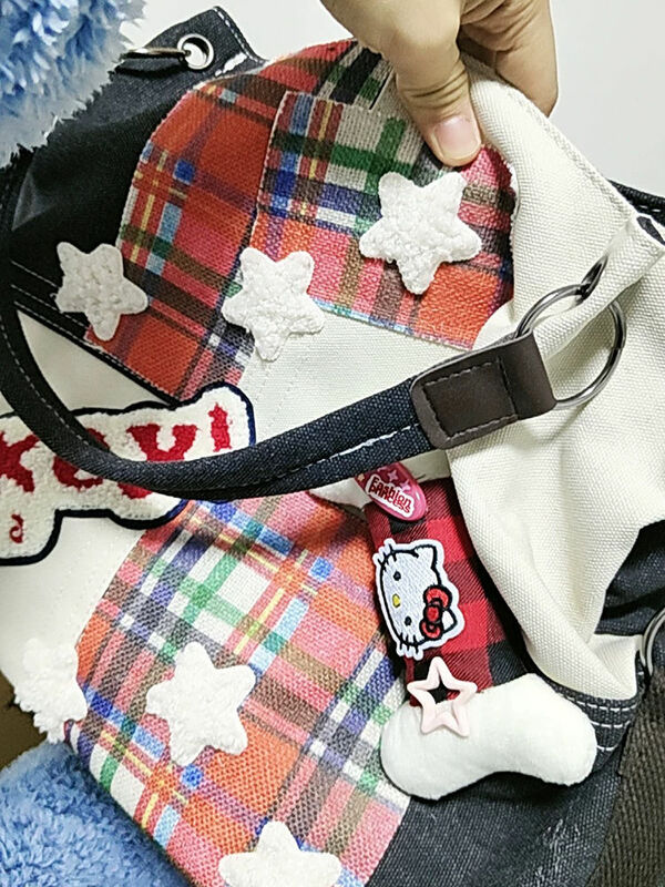 MINISO Sanrio Hellokitty Canvas Shoulder Bag Retro Red Check Bone Star Decoration Big-capacity Messenger Crossbody Bag Y2k Tote