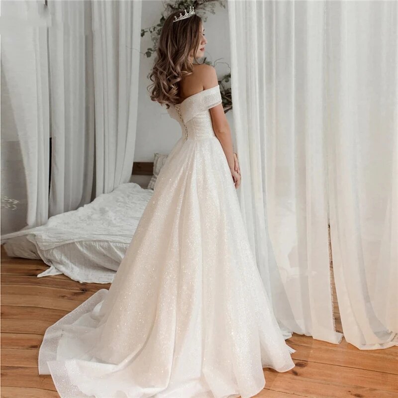ชุดแต่งงานที่สง่างามสำหรับผู้หญิงชุดเดรสสวยสง่าชุดเดรสทรงเอไลน์เปิดไหล่ vestidos de Novia