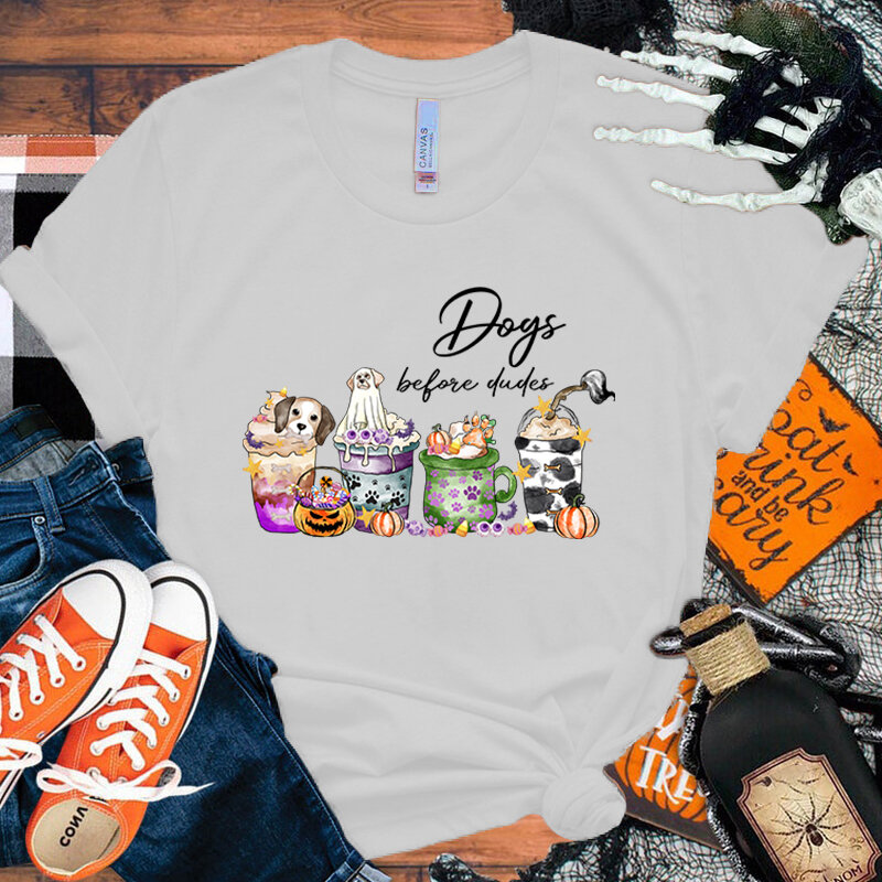 그래픽 프린트 셔츠 티셔츠, 반팔 티셔츠, 개성 있는 길거리 패션 상의, 할로윈 강아지 커피, 비포 듀즈, 여름 신상