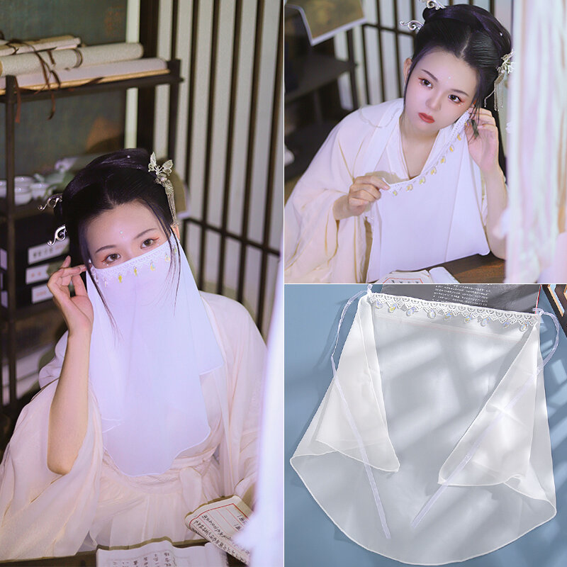 Hangfu-女性のためのタッセル付きの顔の健康保護,夏のサンシェード,アンティークスタイル,無地