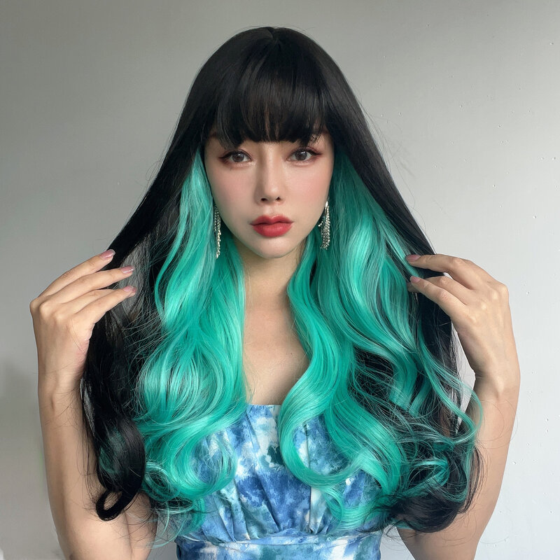 Long Black Green Wave Synthetic Wigs With Bangs For Women Layered Gradient Straight Bangs Curly Hair Resistant Natural Hair