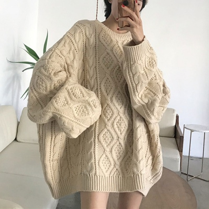 Женский свитер оверсайз с рукавами-фонариками, однотонный простой вязаный пуловер в минималистичном стиле, зима-осень 2024