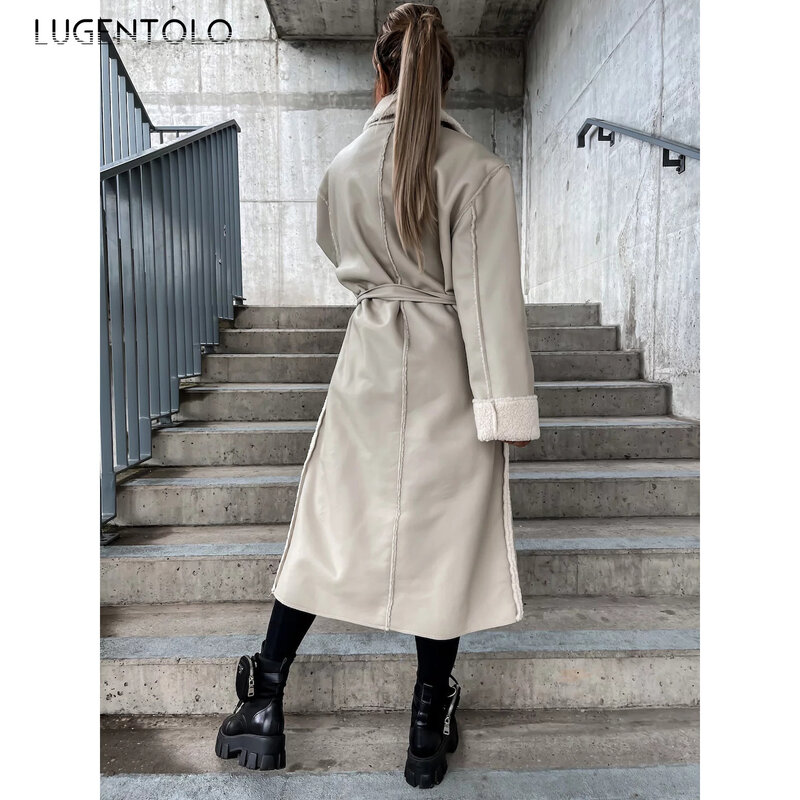Lugentolo-Cardigã solto espessado de PU de couro sintético feminino, bolso com cordões, casaco de lapela casual feminino, moda longa, outono, inverno, novo