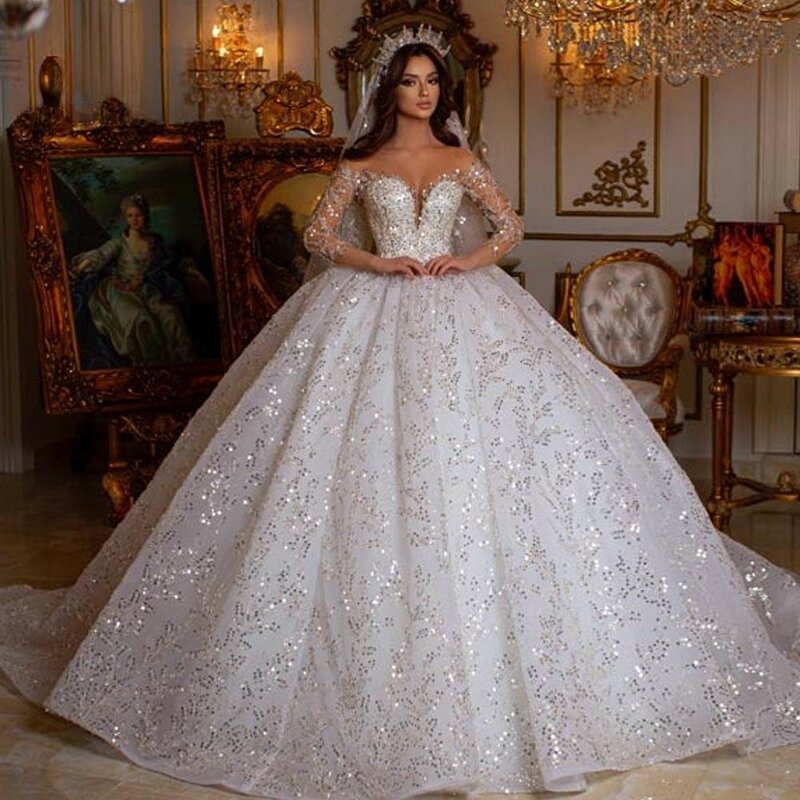 Luksusowa suknia balowa królewskie brokatowe suknie ślubne 2024 kochanie szlafrok z długim rękawem De Mariee koronki błyszczące cekiny sukienki panny młodej