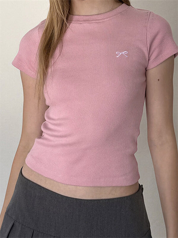 CHRONSTYLE 여성용 티셔츠 크롭탑, 슬림핏 라운드넥 반팔, 활 자수 골지 티셔츠, 여름 스트리트웨어, 2024