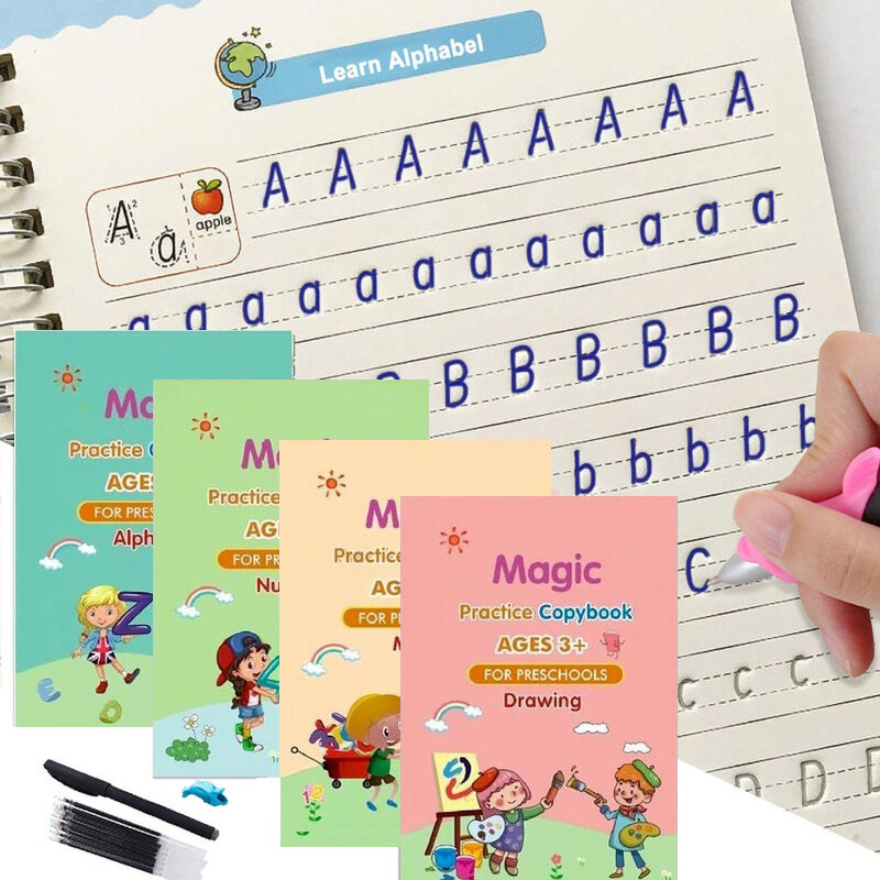 Libro mágico 3D reutilizable para niños, cuadernos de práctica mágica, cuaderno de caligrafía de gran tamaño, números en inglés, 4 volúmenes/juegos