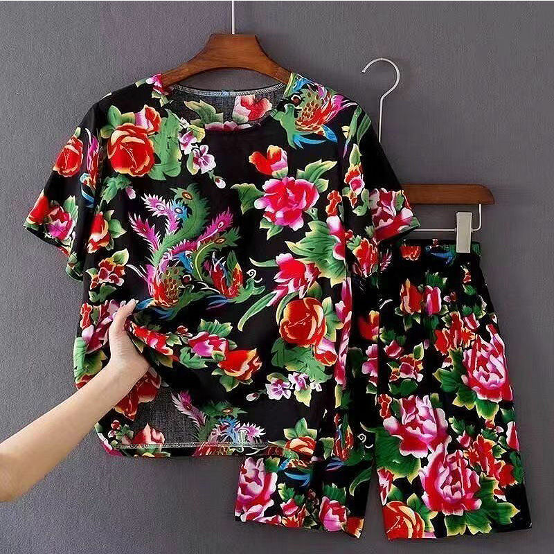 2024 Northeastern Large Floral Cloth Suit Short-sleeved Ethnic Funny Dance Costume Guochao Style Duo Funny Wushu Kungfu Clothes