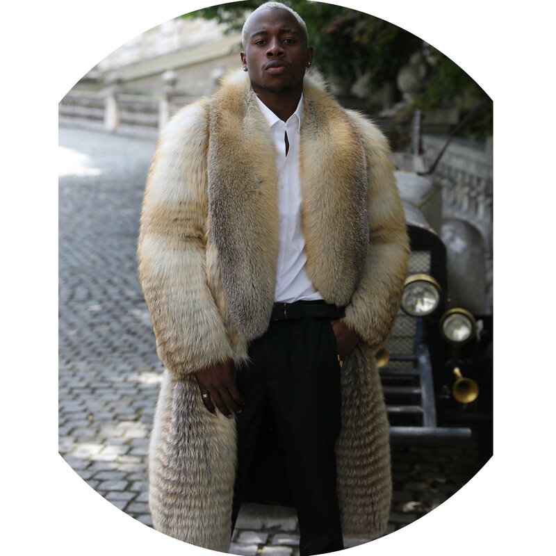 Wholeskin Men Golden Fox Fur Long Coats Shawl Collar Winter Overcoats Genuine Natural Fox Furs Jacket