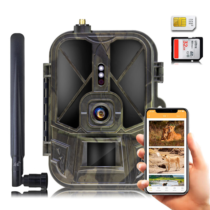 Облачная охотничья камера с управлением через приложение 4K 36 МП, камера для отслеживания природы на открытом воздухе с питанием от батарейки AA и функцией ночного видения, обнаружение на 120 °, разведка дикой природы