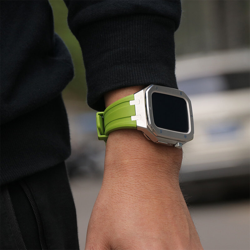 Kit de modificación para Apple Watch, correa de goma de 42mm, 45mm, 44mm, conjunto de caja de acero inoxidable para iWatch Series 7, 6, SE, 5, 4