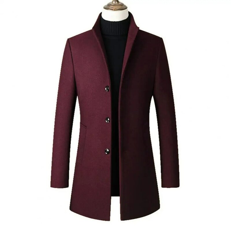 남성용 방풍 트렌치 코트, 세련된 겨울 트렌치 코트, 스탠드 칼라, 싱글 브레스트, 단색, 따뜻한 남성 재킷