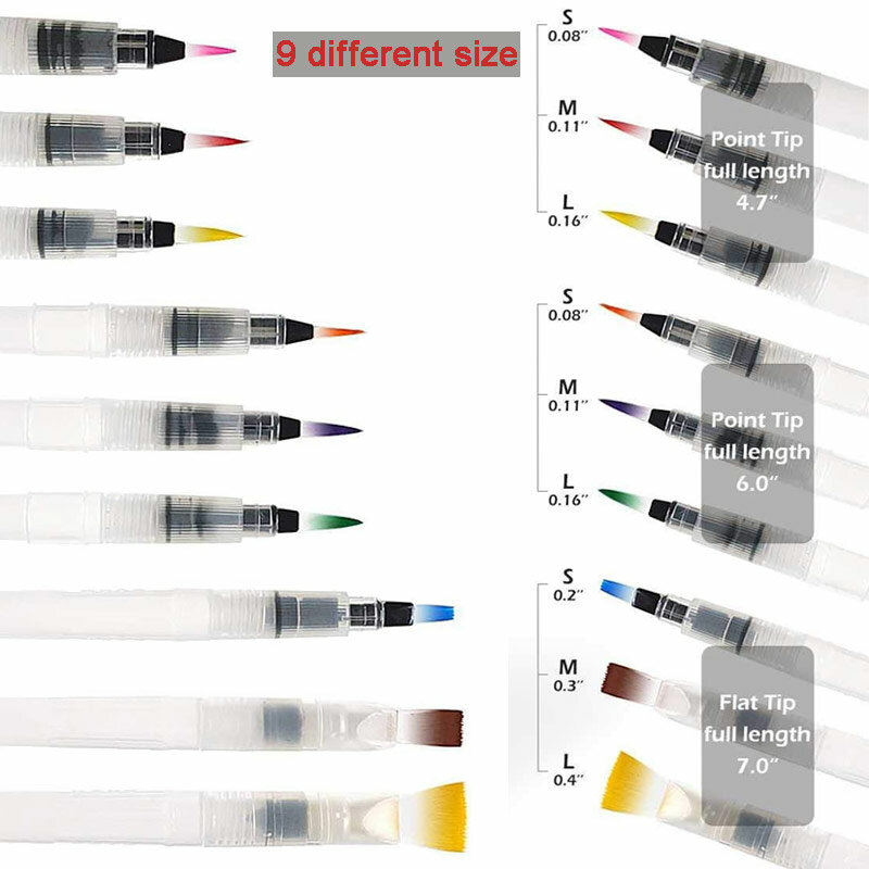 수채화 브러시 펜 세트, 초심자용 수용성 컬러 연필 아쿠아 브러시 펜, 사용하기 쉽고 채우기 쉬움, 3 개, 9 개