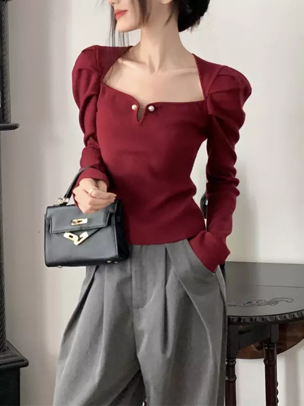 Pullover Frauen Retro Herbst solide trend ige Streetwear vielseitiges Temperament fort geschrittene schlanke Berufung Büro Dame Französisch sanften Chic