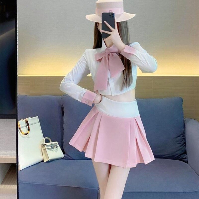 Sweet College Bow Shirt Pleated Skirt Two-piece Set Women Lapel Lace Up Single Breasted Spicy Girl Fashion Slim Spring Chic Suit