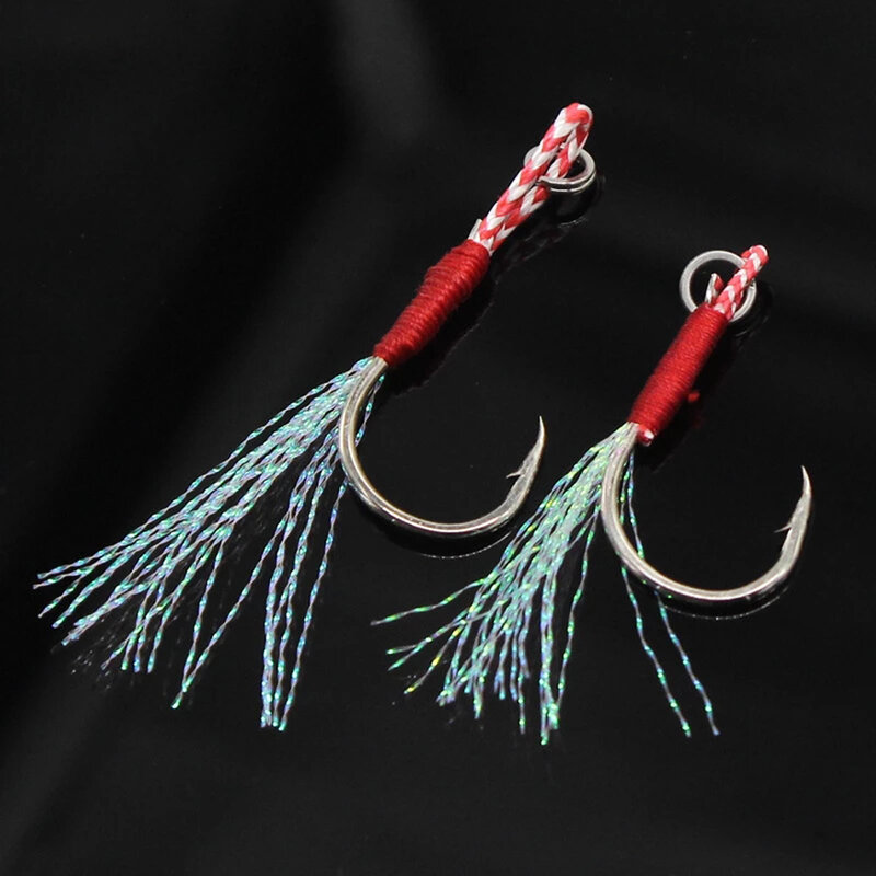 10 Pcs Fishing Lure Slow Jigging Fishing Cast Jigs Assist Hook Barbed Single Jig Hooks Thread Feather Pesca High Carbon Steel