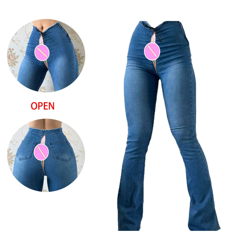 Сексуальные Невидимые джинсы с открытой промежностью, женские джинсовые брюки на шнуровке с высокой талией, Стрейчевые расклешенные брюки, индивидуальные экзотические уличные сексуальные