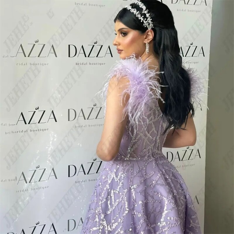 Jessica Shiny Feathers Prom Dresses Dubai Arab Luxurious Evening Dress فساتين سهره فاخره Sexy V Neck Women's Dinner Party Dress