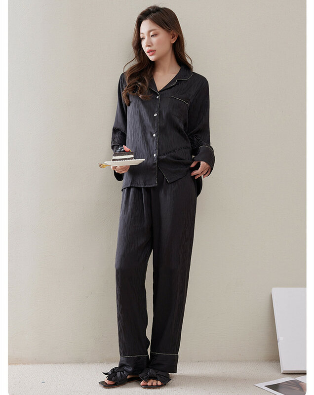 Conjunto de pijama de manga larga para mujer, ropa de dormir con solapa, lencería femenina, 2 piezas