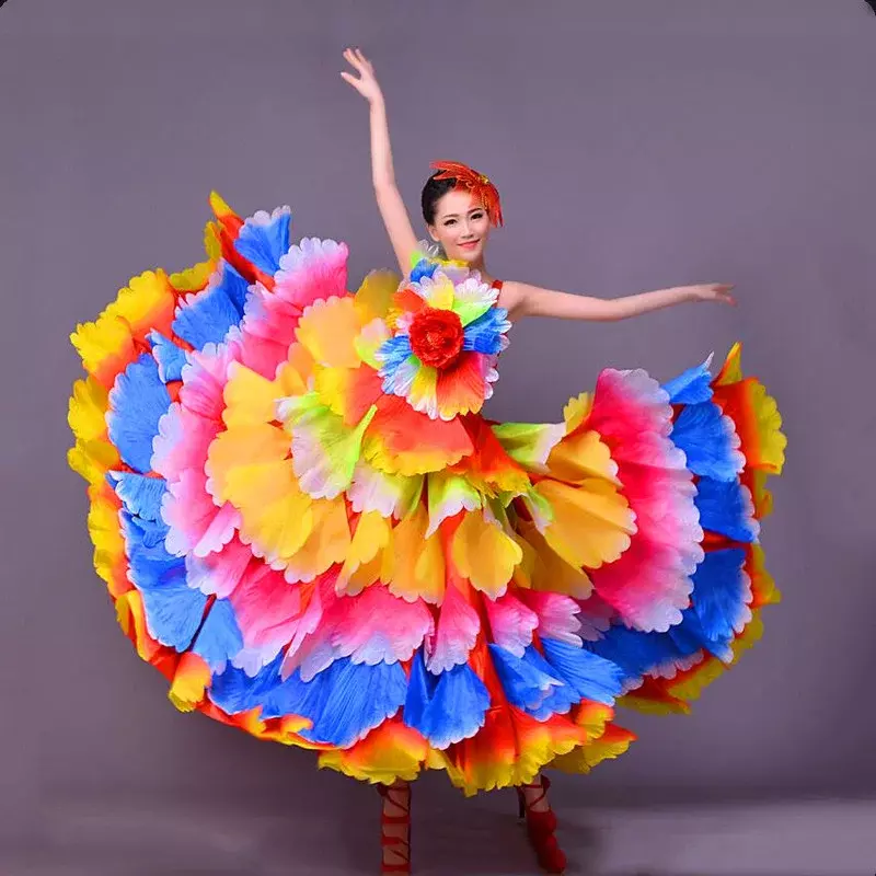 กระโปรงชุดเดรสเต้นรำยาวสไตล์สเปน360องศากระโปรงฟลาเมงโกกระโปรงสีแดงฟลาเมงโกสำหรับผู้หญิงหญิงสาว
