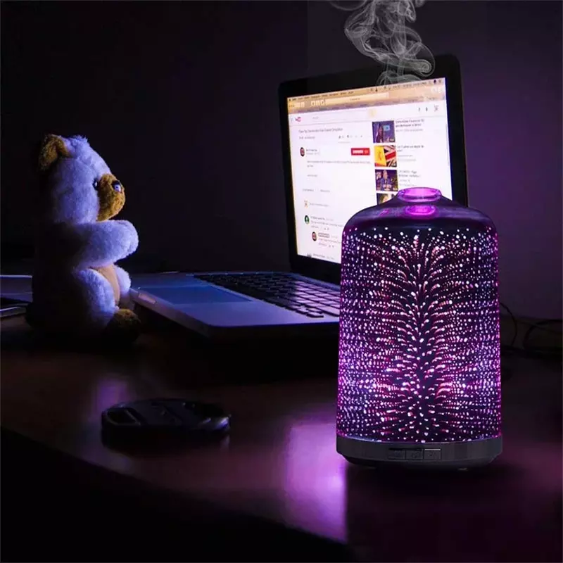 Pelembap udara 3D kembang api aromatik minyak esensial Diffuser penyegar kaca 7 lampu LED untuk rumah ruang waktu humicador 250ml
