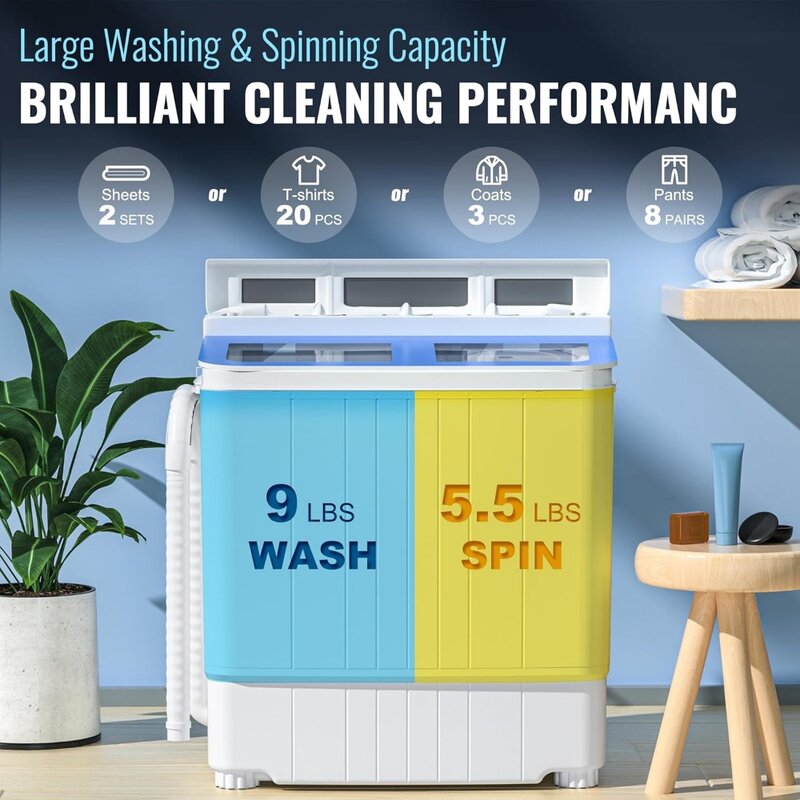 Waher y secadora, Mini lavadora pequeña de 14,5 libras, Combo con secador giratorio, bañera doble compacta, lavado de ropa