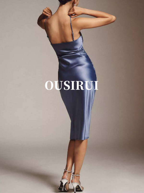 Oussirui satynowa sukienka do łydki niebieska seksowna dojrzała druhna ślubna z kwadratowym dekoltem bez pleców suknia wieczorowa poliestrowa damska sukienka