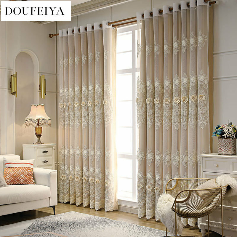 European Style Curtains for Living Room Bedroom Dining Luxury Embroidered Embossed Tulle High-end Imitation Satin Custom Size