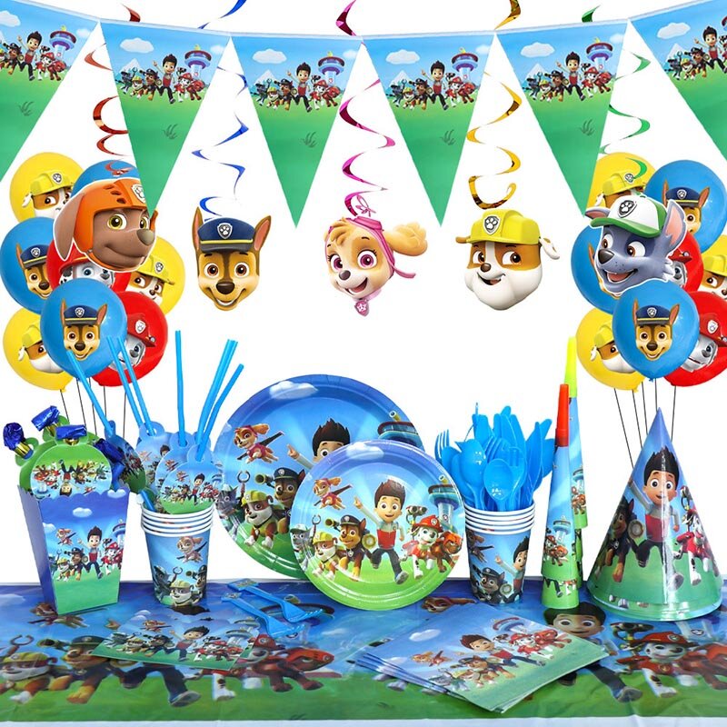 PAW Patrol dekorasi pesta ulang tahun, Set balon versi baru peralatan makan sekali pakai, perlengkapan acara anak, jam hadiah latar belakang spanduk