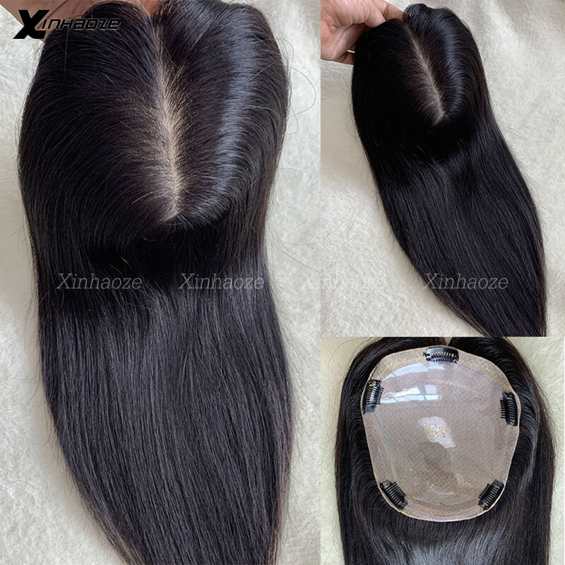 شعر مستعار بشري أسود طبيعي للنساء ، أغطية شعر ، بدون شعر رقيق ، قاعدة حرير ، مقاس 13 × 15 سم