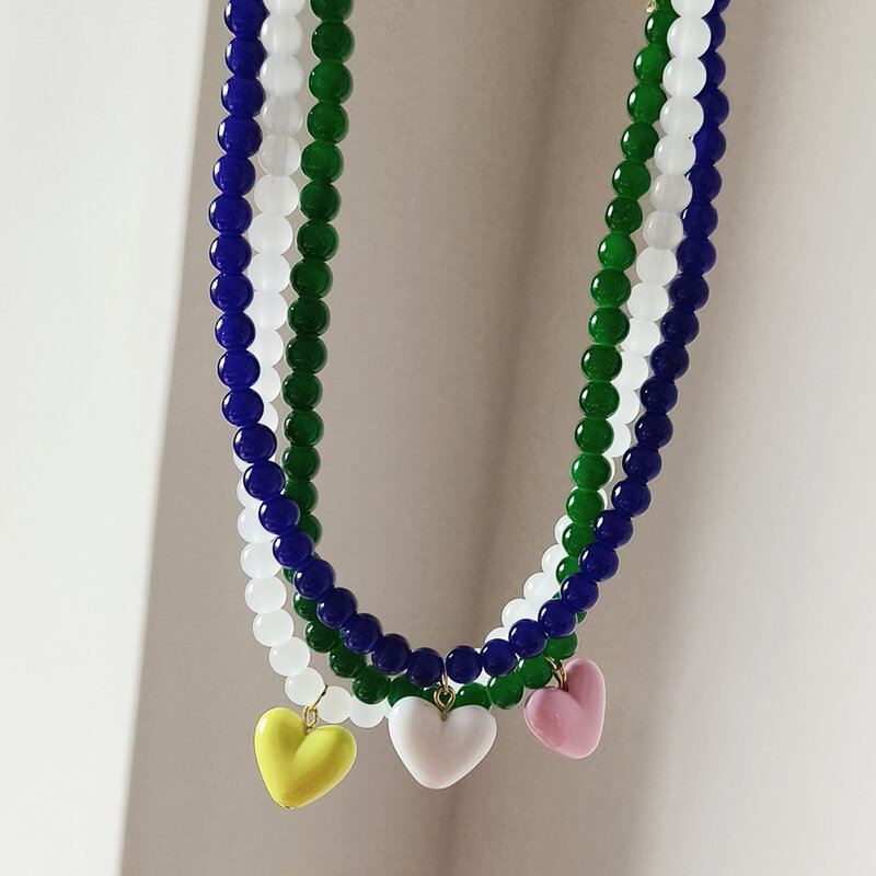 ZX – chaîne perlée transparente faite à la main pour femmes, ras de cou court, mignon, couleur bonbon, pendentif en forme de cœur, vente en gros, bijoux cadeau pour filles