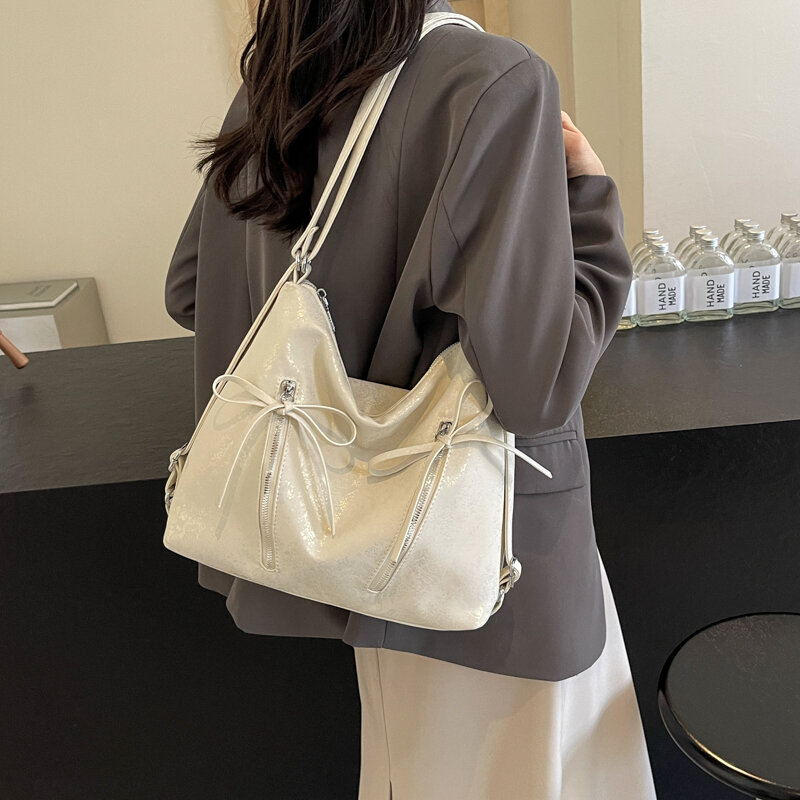 女性用リボン付き合成皮革ハンドバッグ,女性用の小さなフェミニンなショルダーバッグ,シルバーカラー,韓国のファッション,y2k,2024